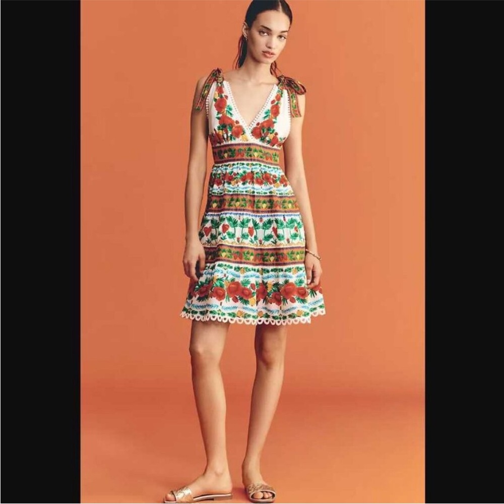 New Farm Rio x Anthropologie v-neck tiered mini Tropical Foliage Anika dress - Picture 2 of 6